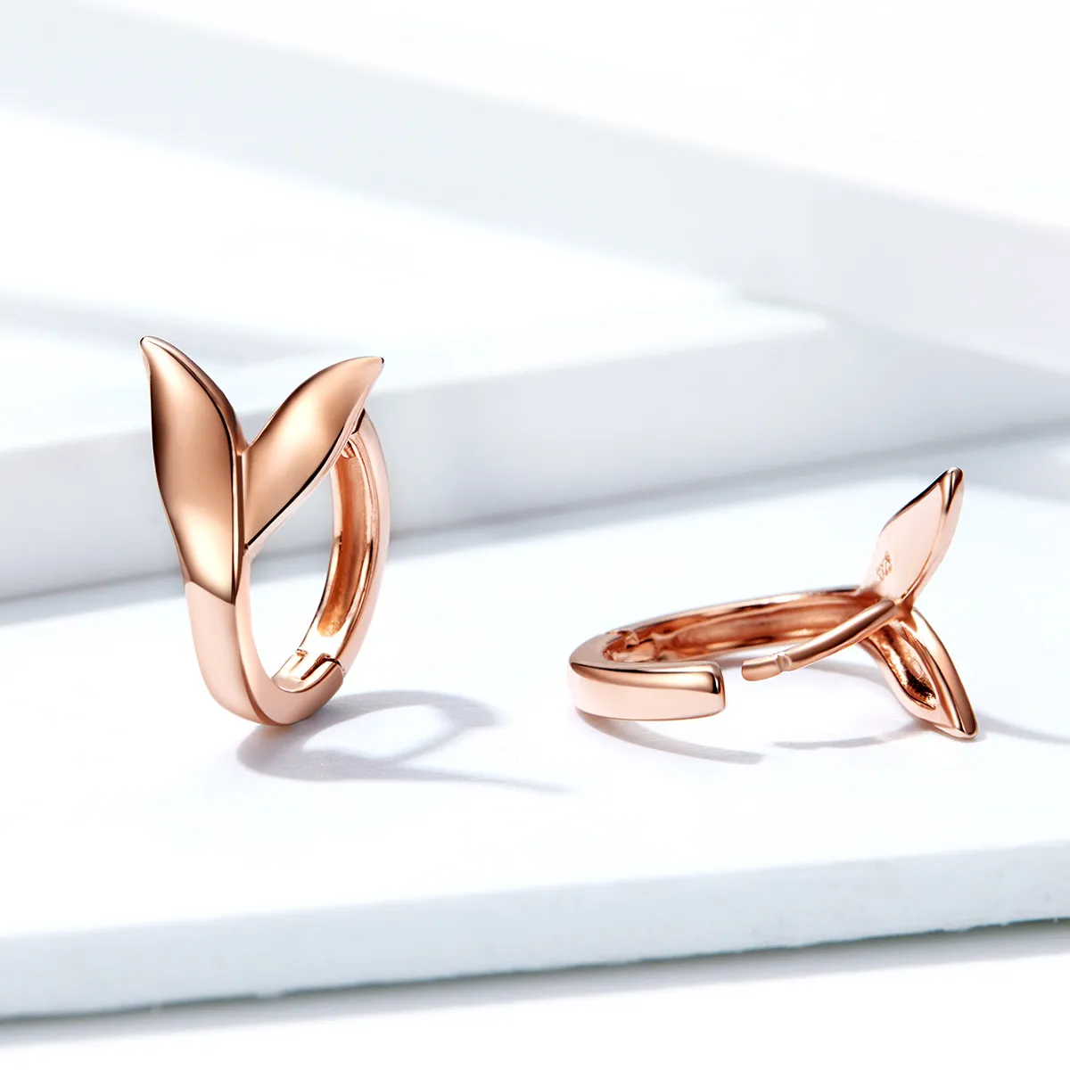 Pandora Style Rose Gold Hoop Earrings, Dolphin Tail - BSE078