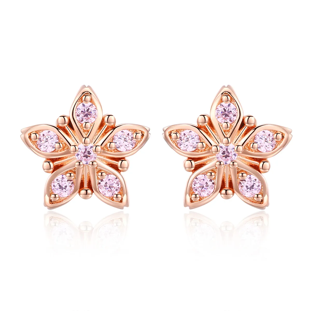 Pandora Style Rose Gold Stud Earrings, Pink Daisy - BSE034