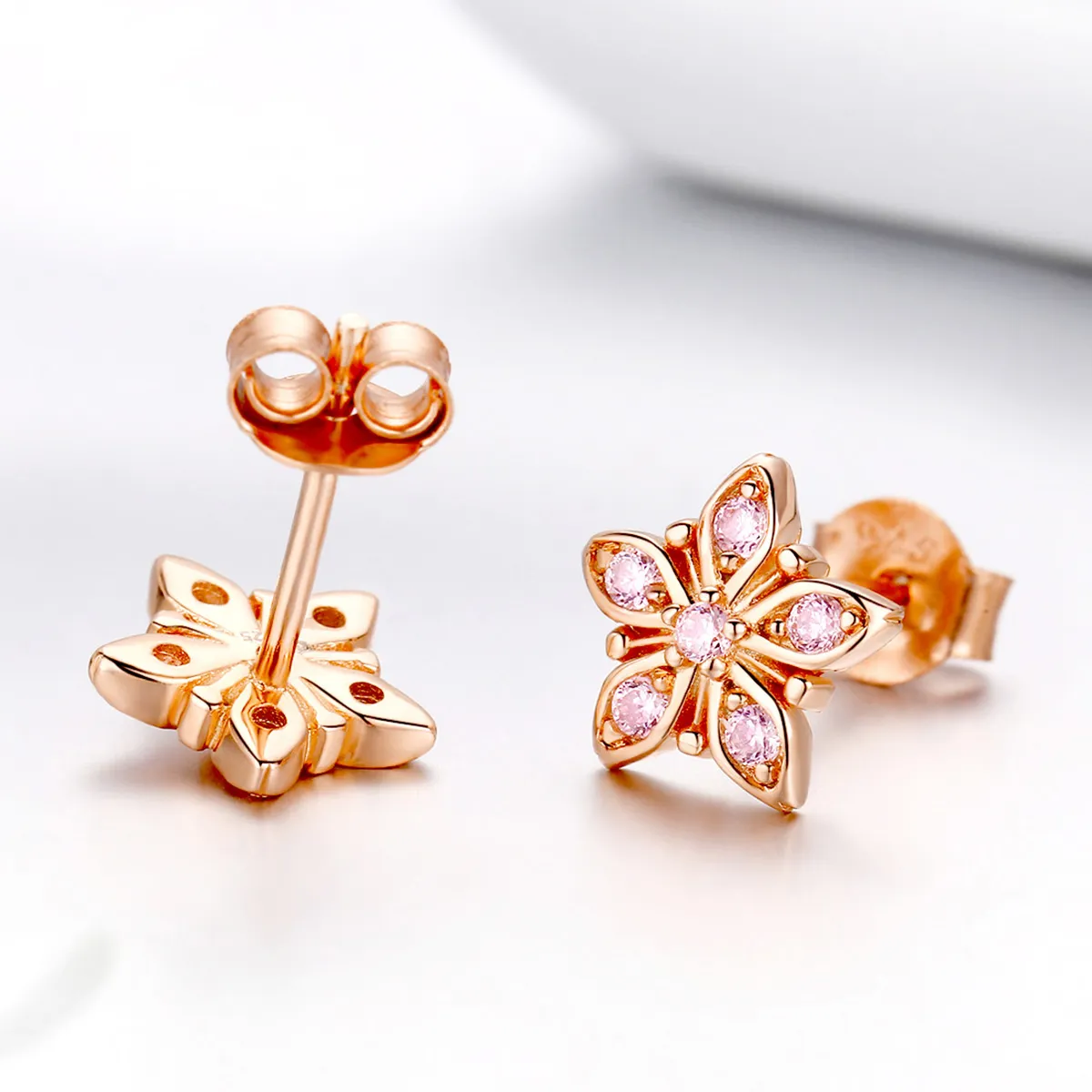 Pandora Style Rose Gold Stud Earrings, Pink Daisy - BSE034