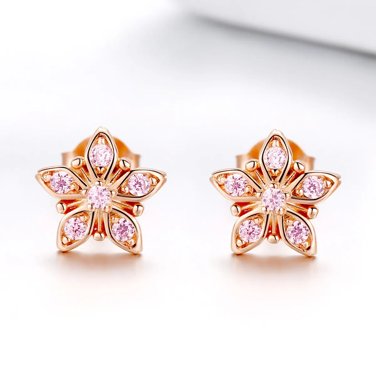 Pandora Style Rose Gold Stud Earrings, Pink Daisy - BSE034