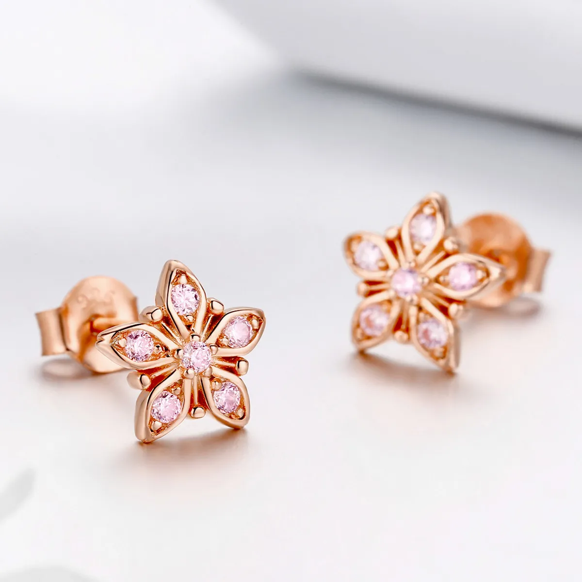 Pandora Style Rose Gold Stud Earrings, Pink Daisy - BSE034