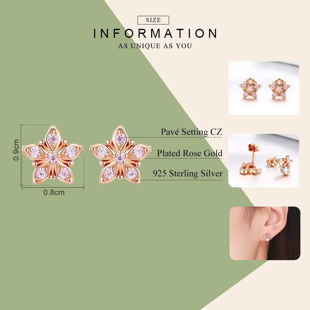 Pandora Style Rose Gold Stud Earrings, Pink Daisy - BSE034