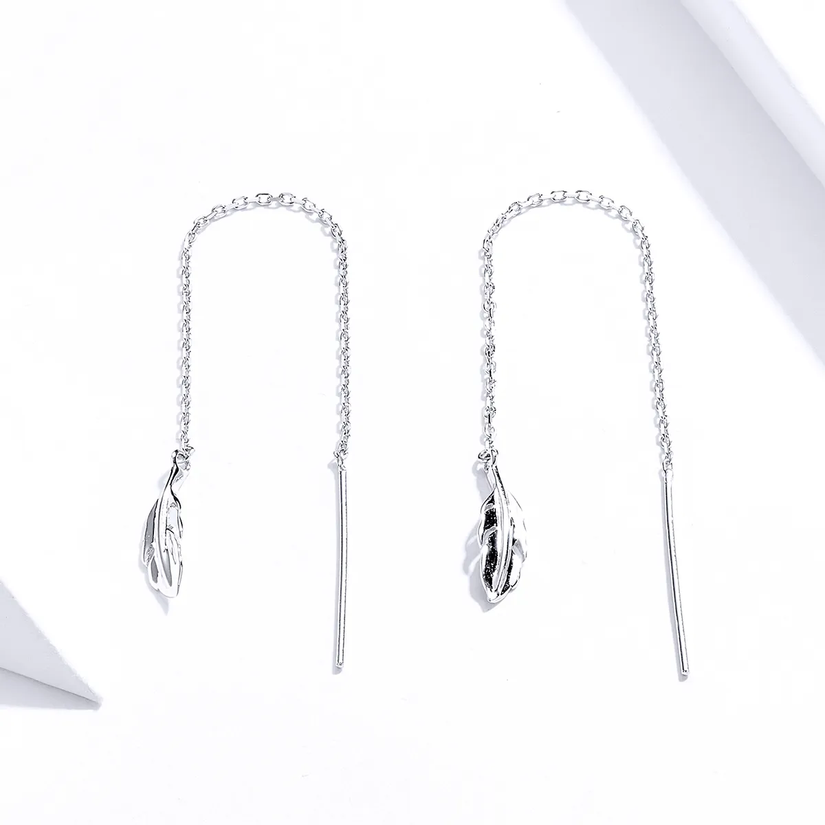 Pandora Style Silver Dangle Earrings, Feather - SCE786