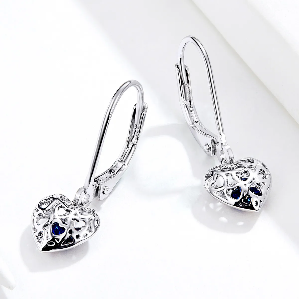 Pandora Style Silver Dangle Earrings, Heart Shape - SCE746