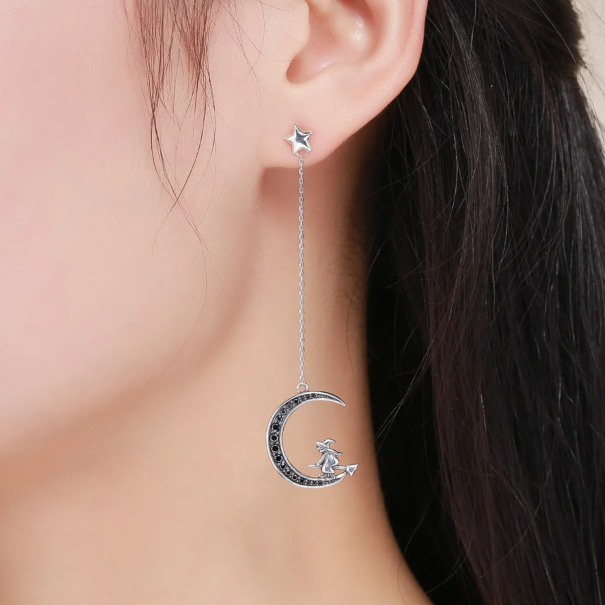 Pandora Style Silver Dangle Earrings, Moon - SCE287