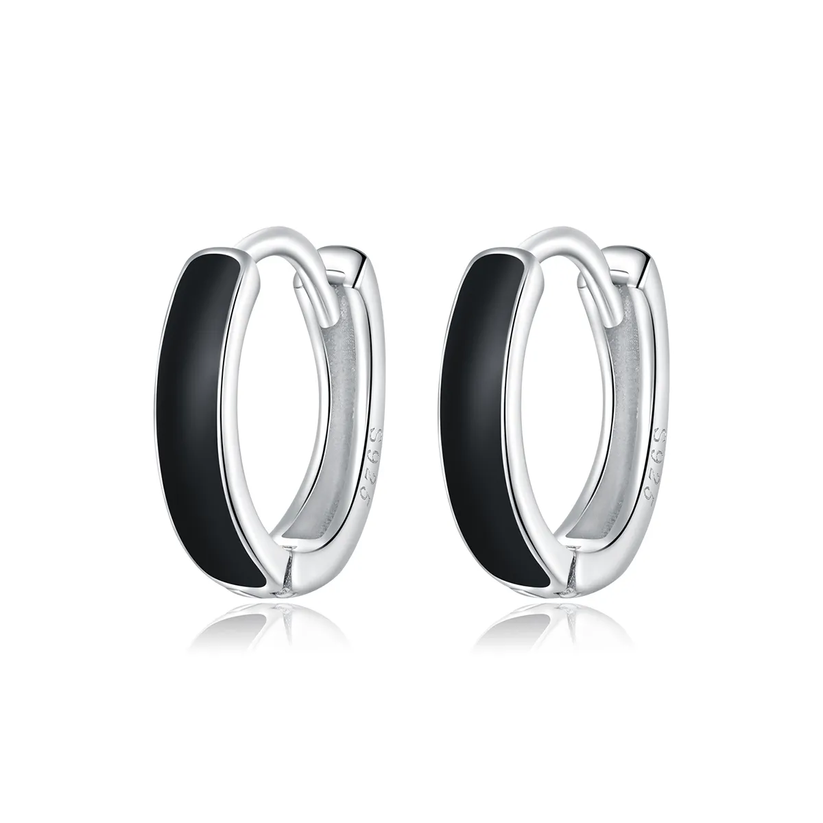 Pandora Style Silver Hoop Earrings, Anti-Allergy, Black Enamel - SCE1047