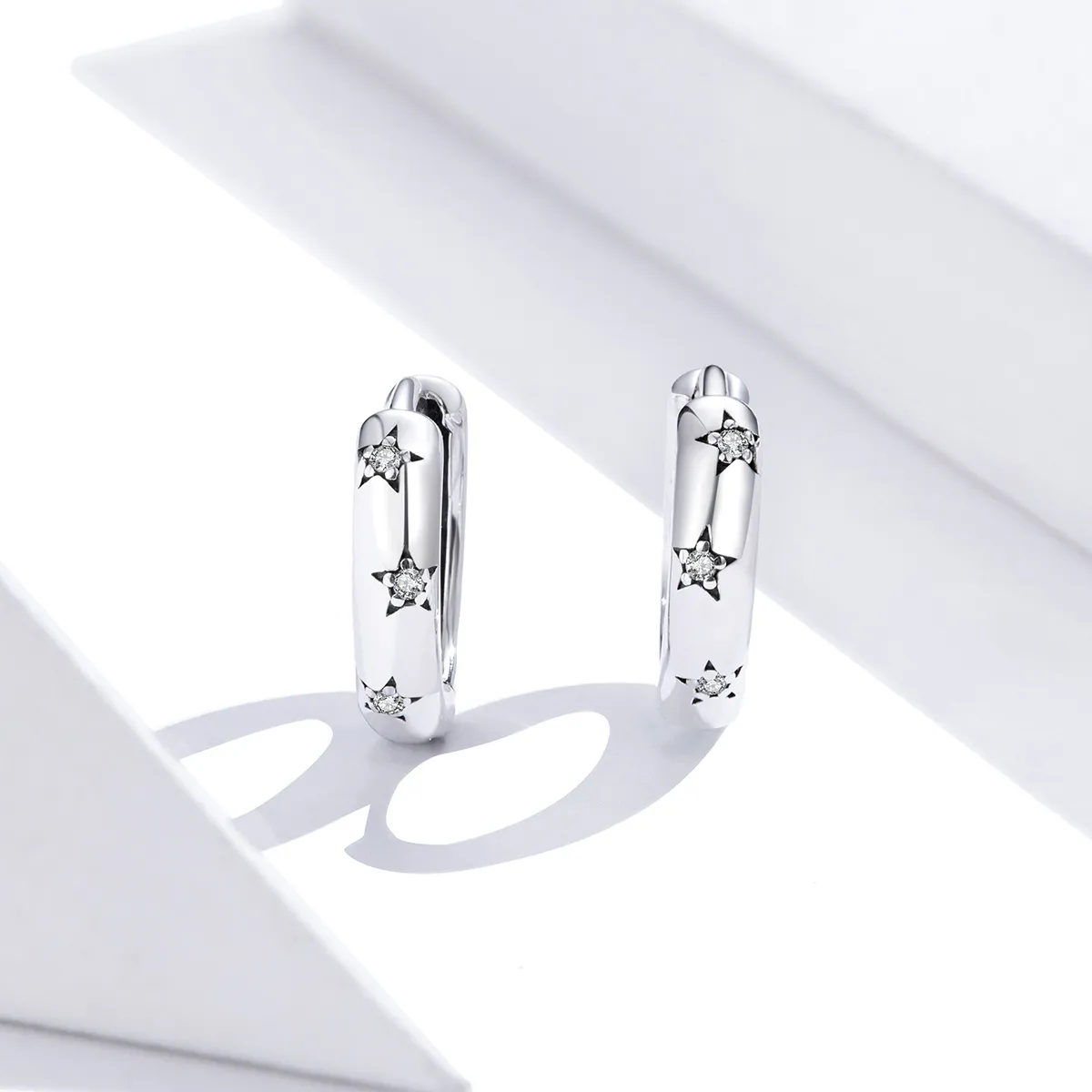 Pandora Style Silver Hoop Earrings, Anti-Allergy Stars - SCE873