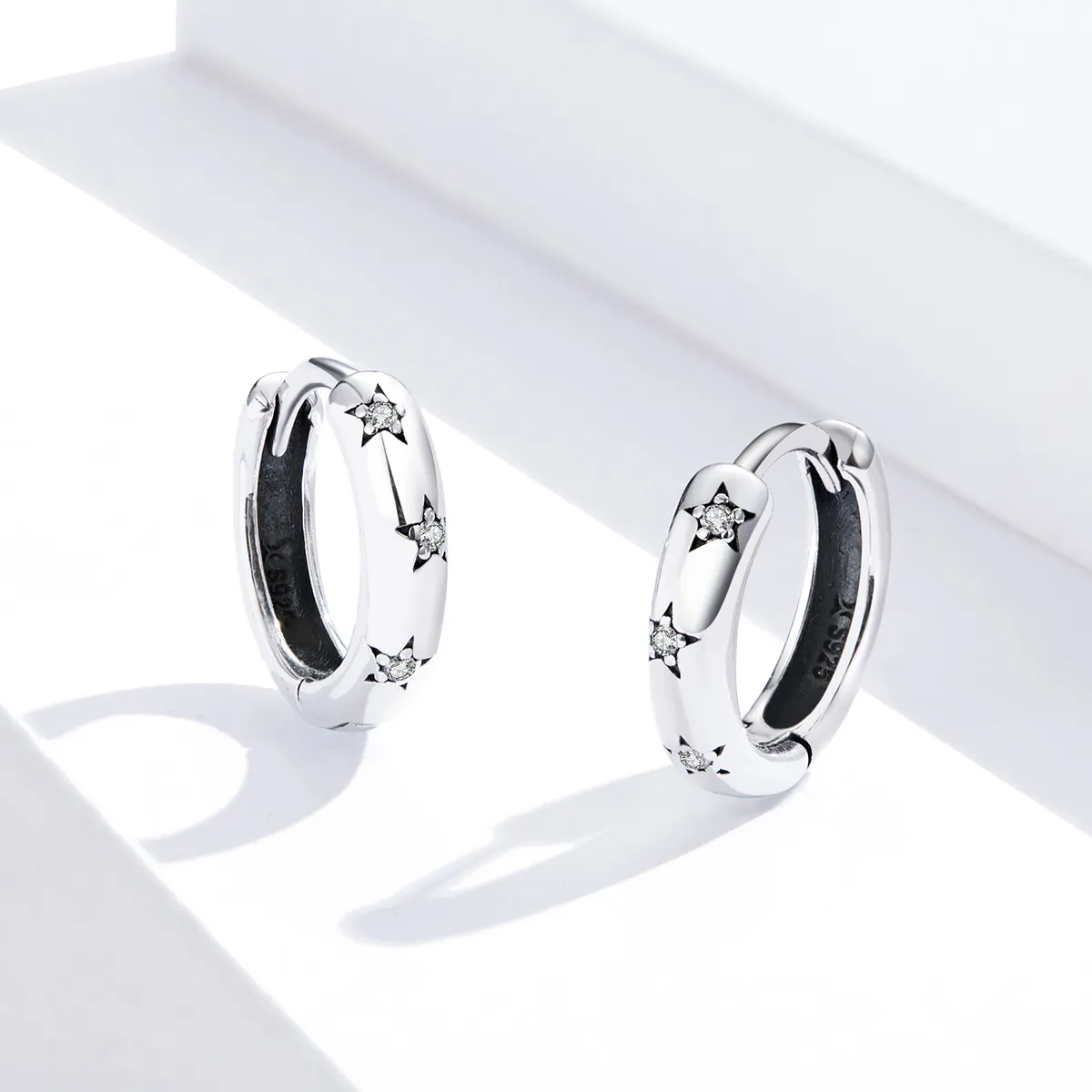 Pandora Style Silver Hoop Earrings, Anti-Allergy Stars - SCE873