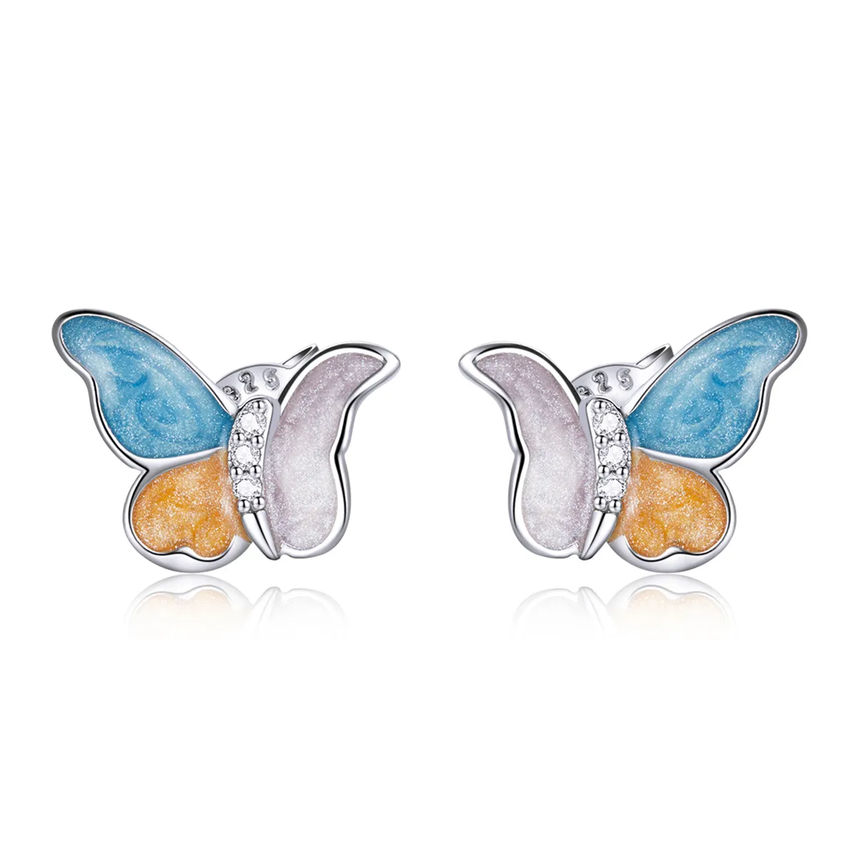 Pandora Style Silver Hoop Earrings, Butterfly With Three Colors, Multicolor Enamel - SCE1156