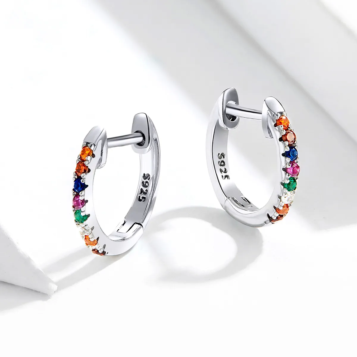 Pandora Style Silver Hoop Earrings, Colorful Zircon - SCE721