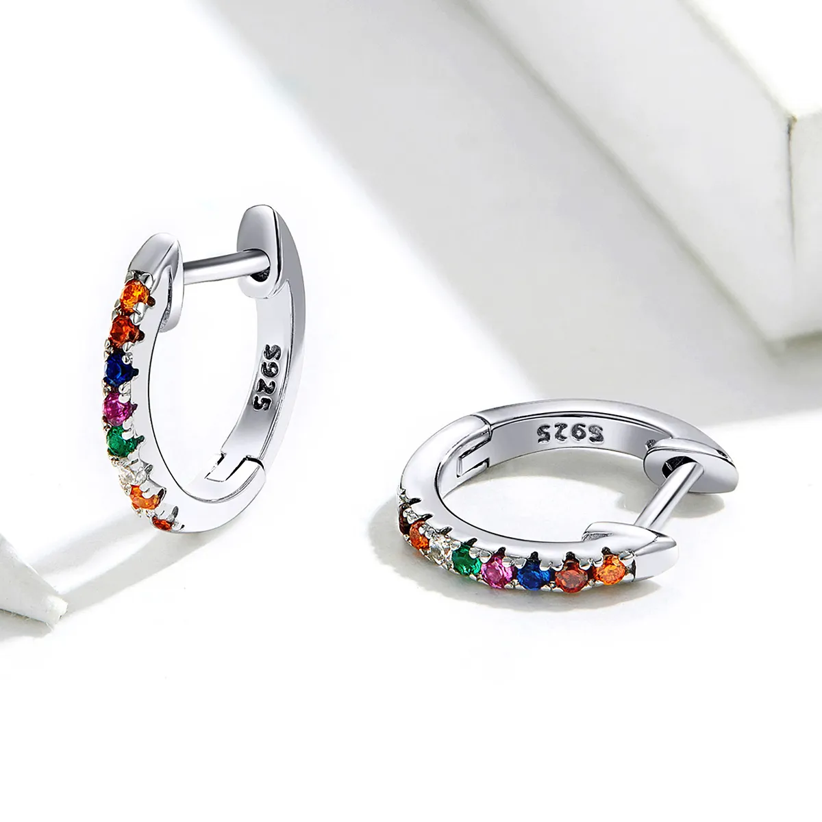 Pandora Style Silver Hoop Earrings, Colorful Zircon - SCE721