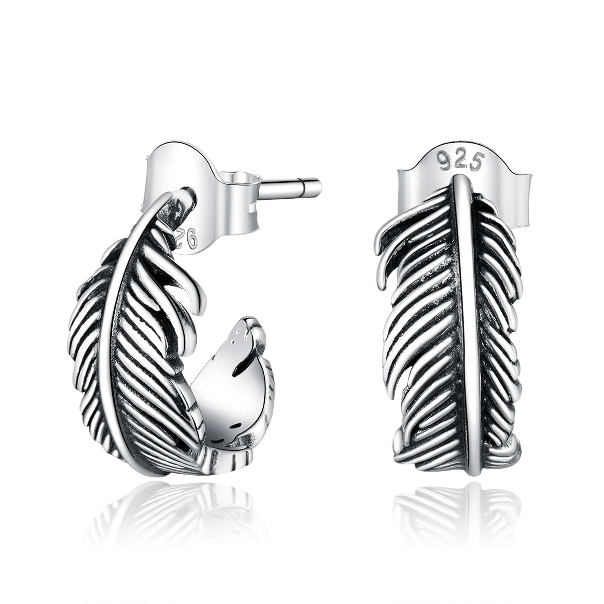 Pandora Style Silver Hoop Earrings, Feather - SCE923