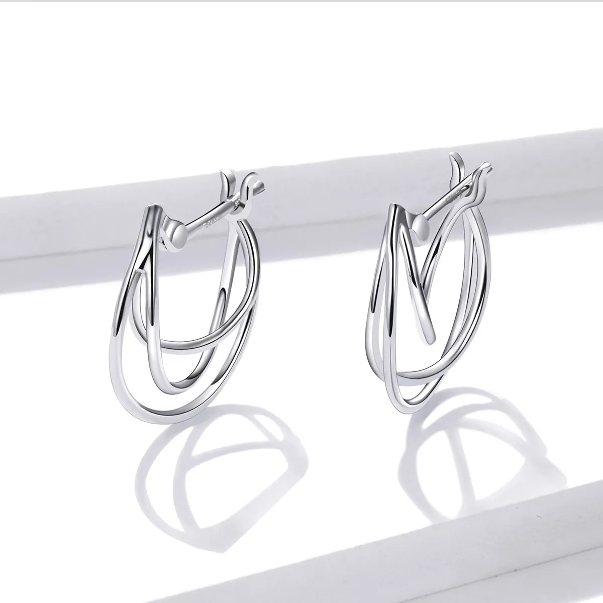 Pandora Style Silver Hoop Earrings, Intertwined Lines - BSE443