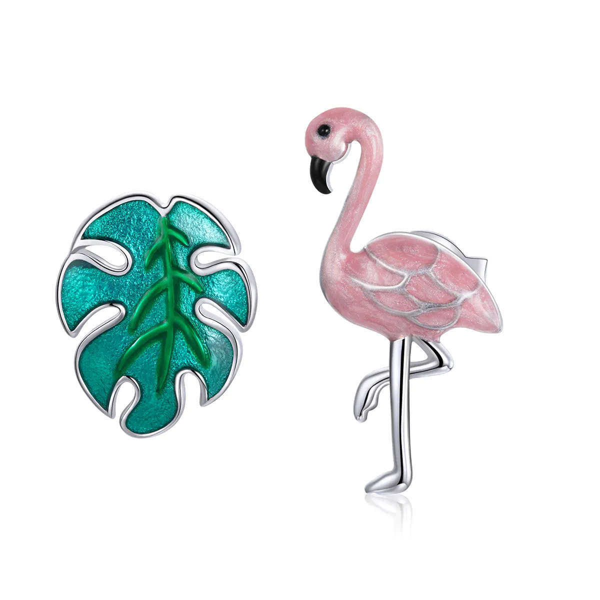 Pandora Style Silver Hoop Earrings, Leaf & Flamingos, Multicolor Enamel - SCE1124