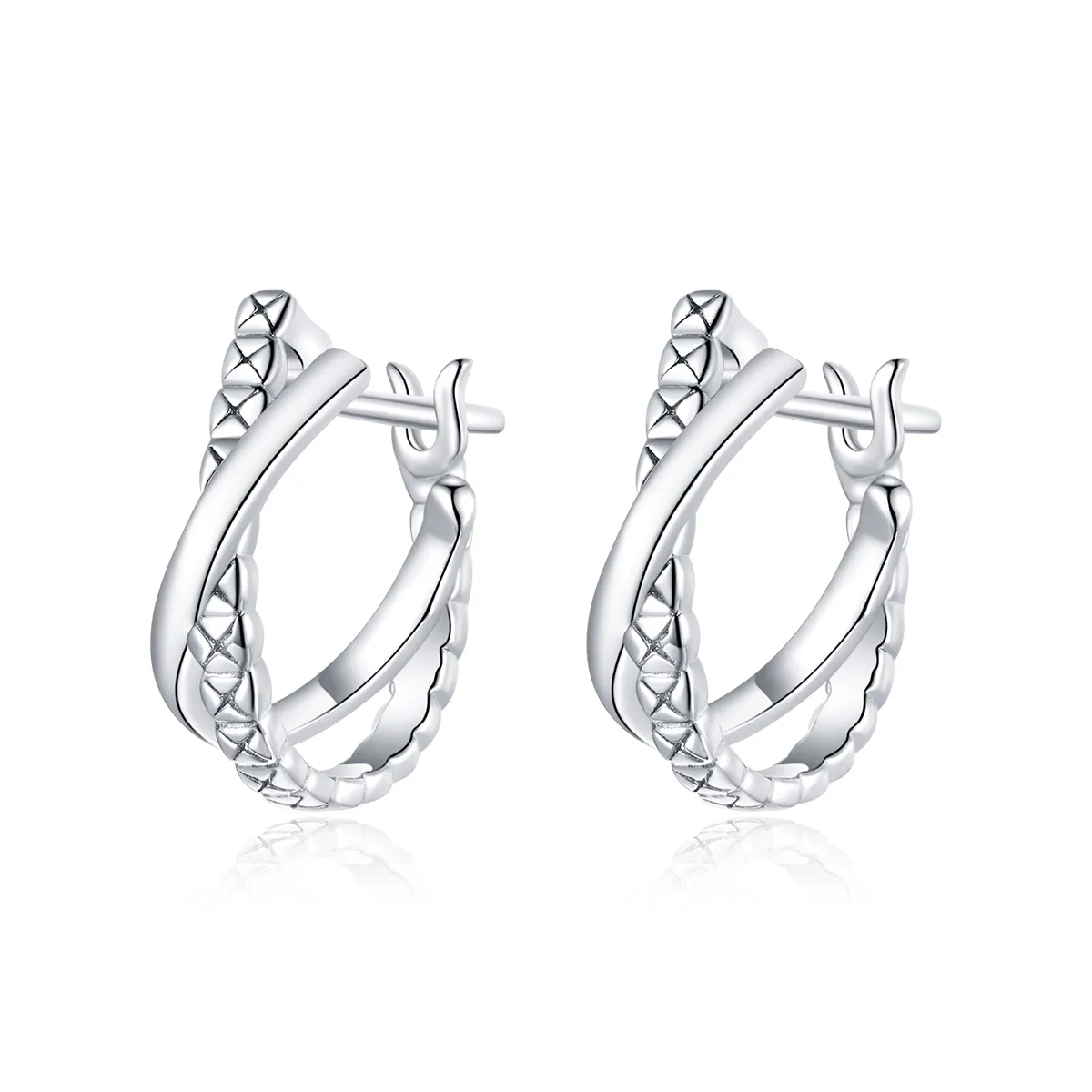 Pandora Style Silver Hoop Earrings, Leather Texture - BSE440