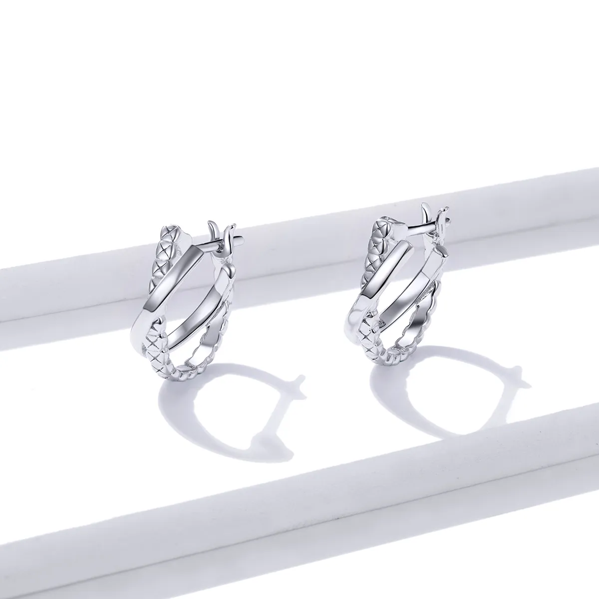 Pandora Style Silver Hoop Earrings, Leather Texture - BSE440