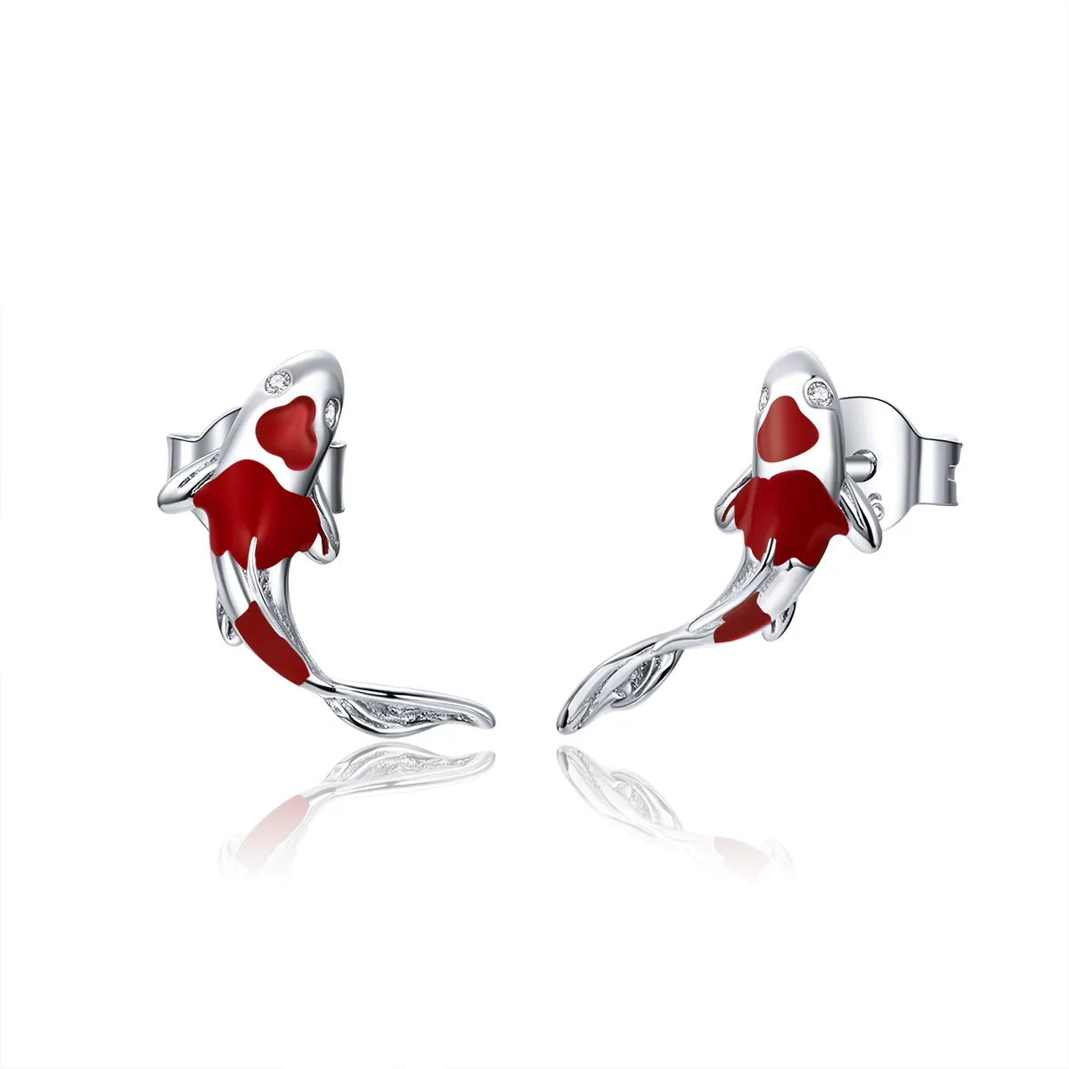 Pandora Style Silver Hoop Earrings, Lucky Koi, Red Enamel - SCE812