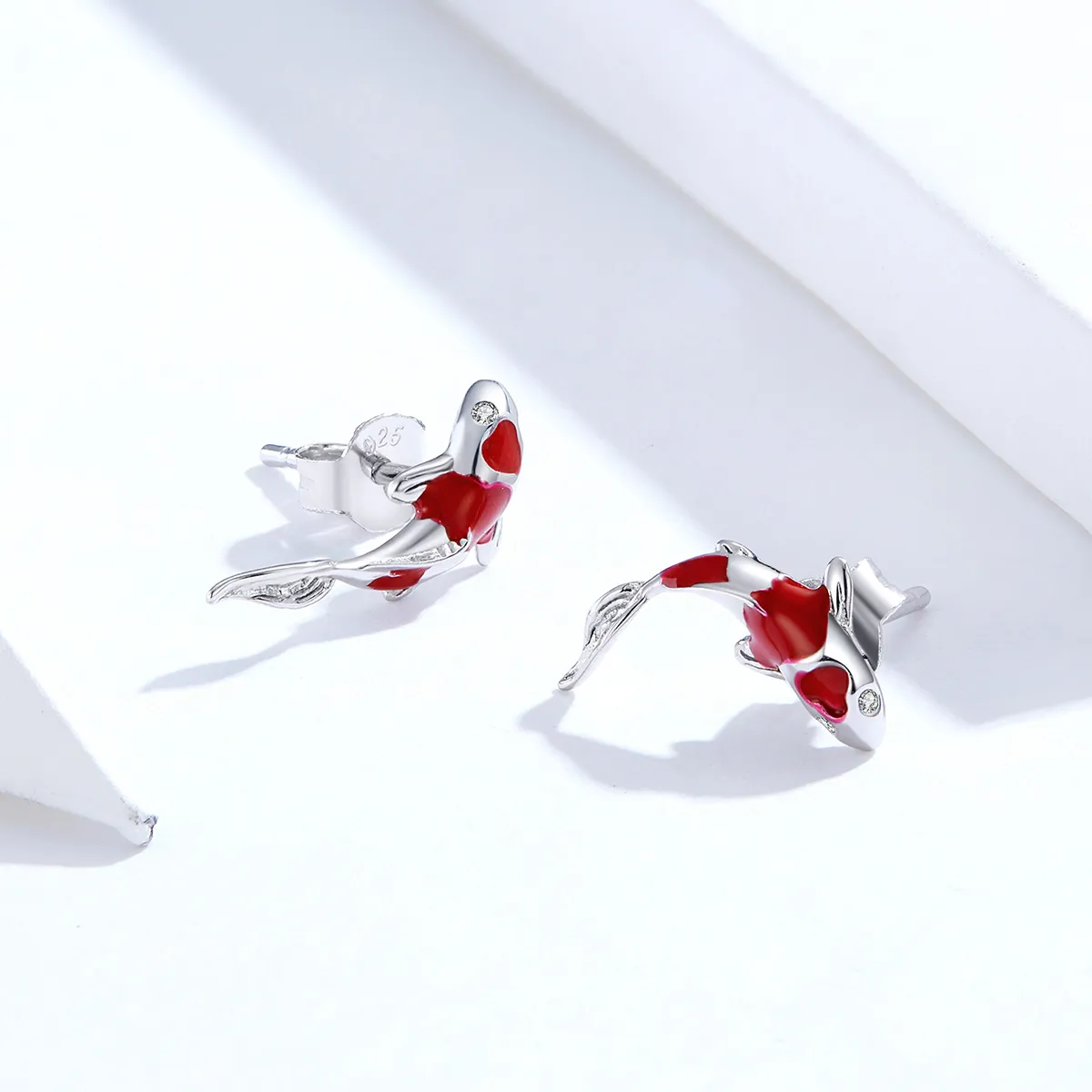 Pandora Style Silver Hoop Earrings, Lucky Koi, Red Enamel - SCE812