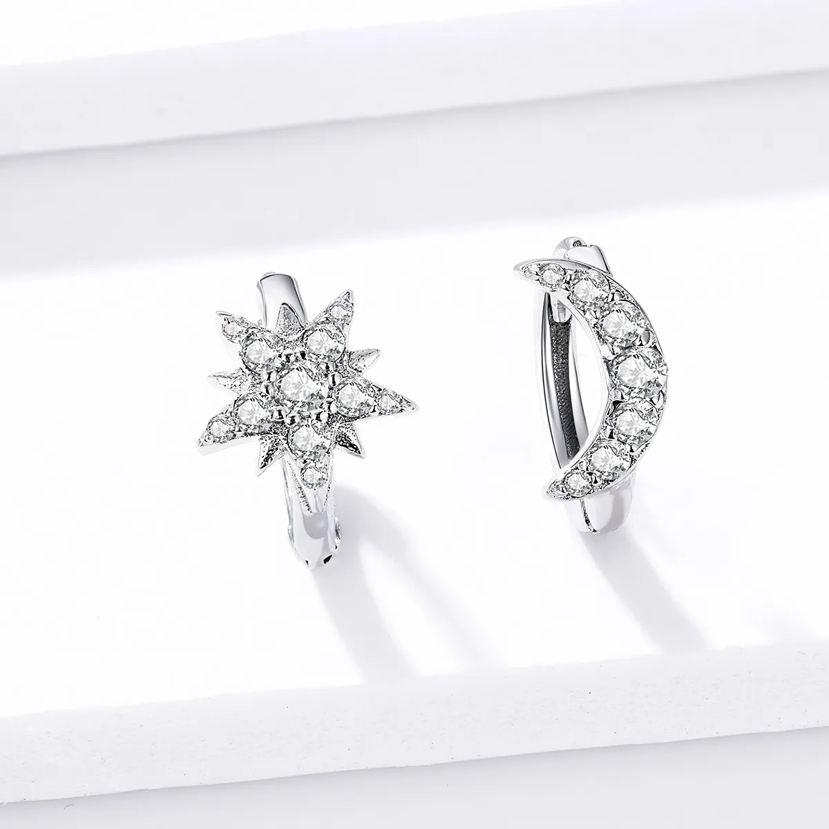 Pandora Style Silver Hoop Earrings, Moon & Star - BSE289