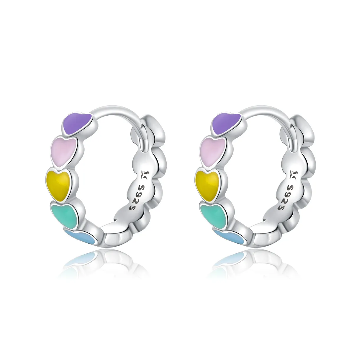 Pandora Style Silver Hoop Earrings, Rainbow Hearts, Multicolor Enamel - SCE909