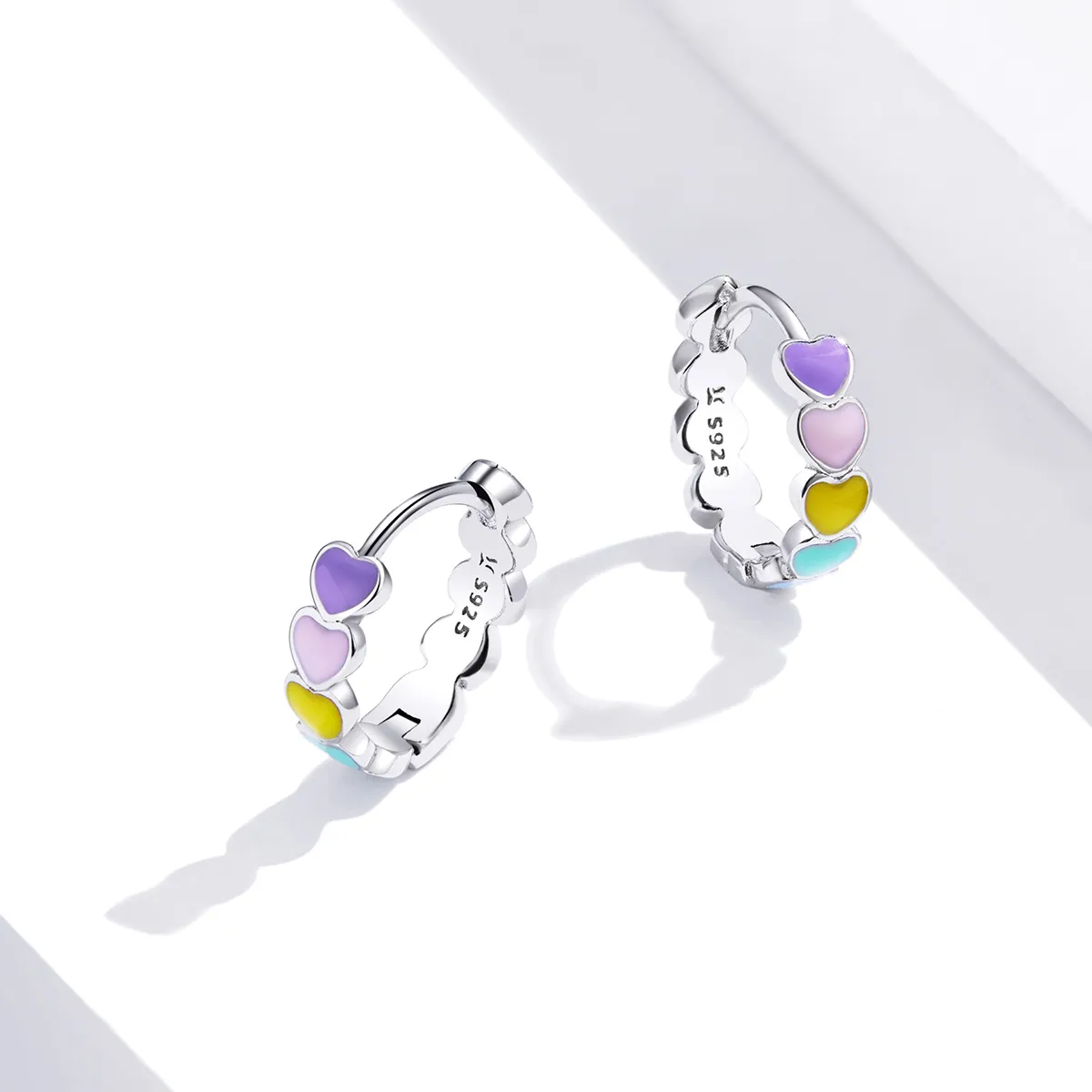 Pandora Style Silver Hoop Earrings, Rainbow Hearts, Multicolor Enamel - SCE909