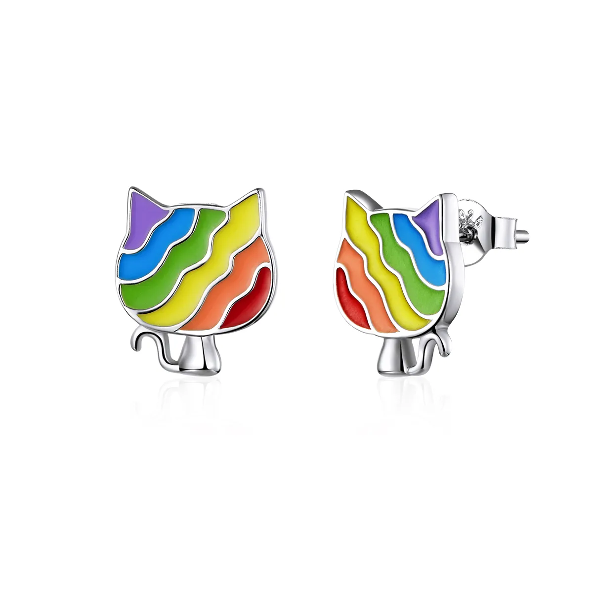 Pandora Style Silver Hoop Earrings, Rainbow Kitty, Multicolor Enamel - SCE823