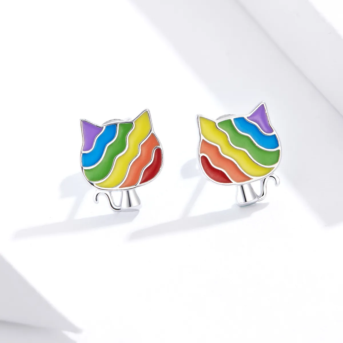 Pandora Style Silver Hoop Earrings, Rainbow Kitty, Multicolor Enamel - SCE823