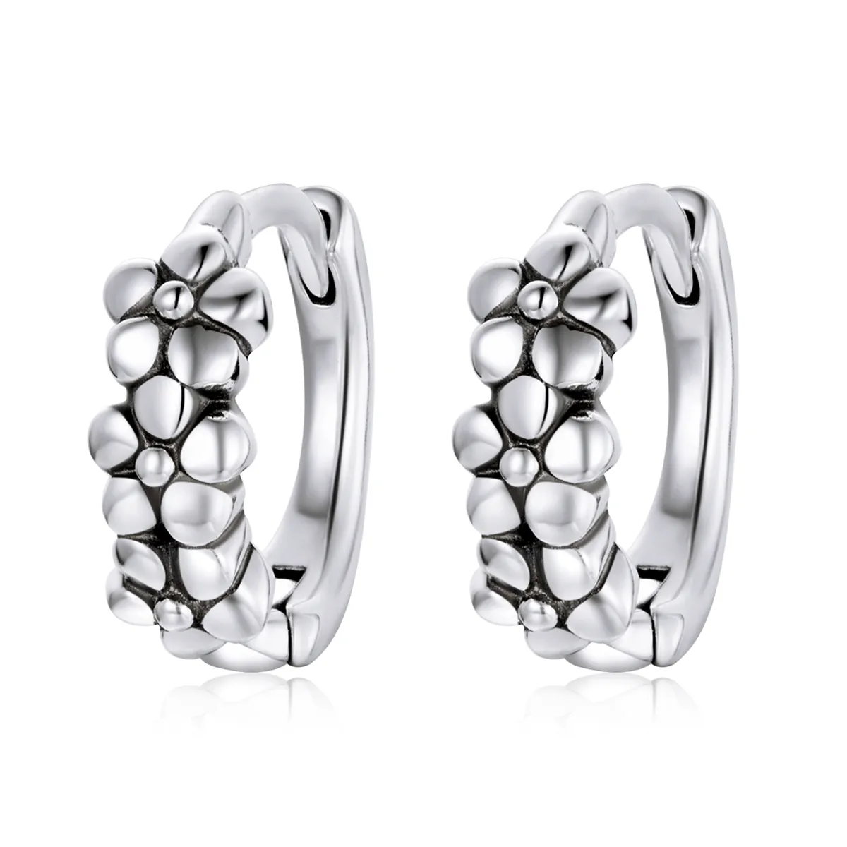 Pandora Style Silver Hoop Earrings, Simple Silver Flowers - SCE1154