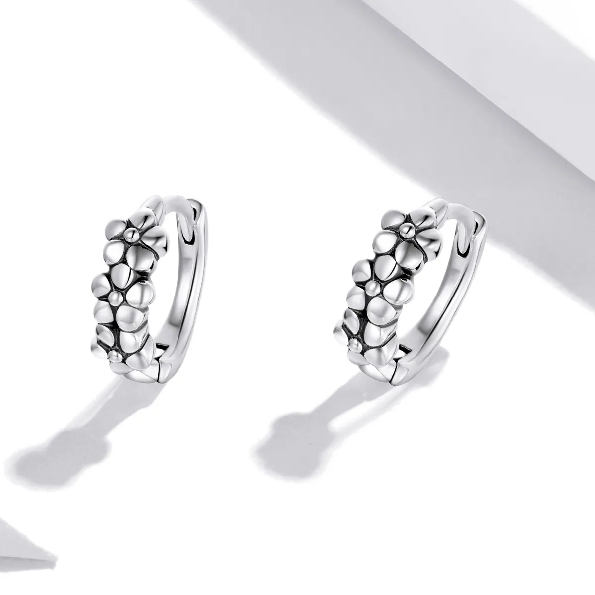 Pandora Style Silver Hoop Earrings, Simple Silver Flowers - SCE1154