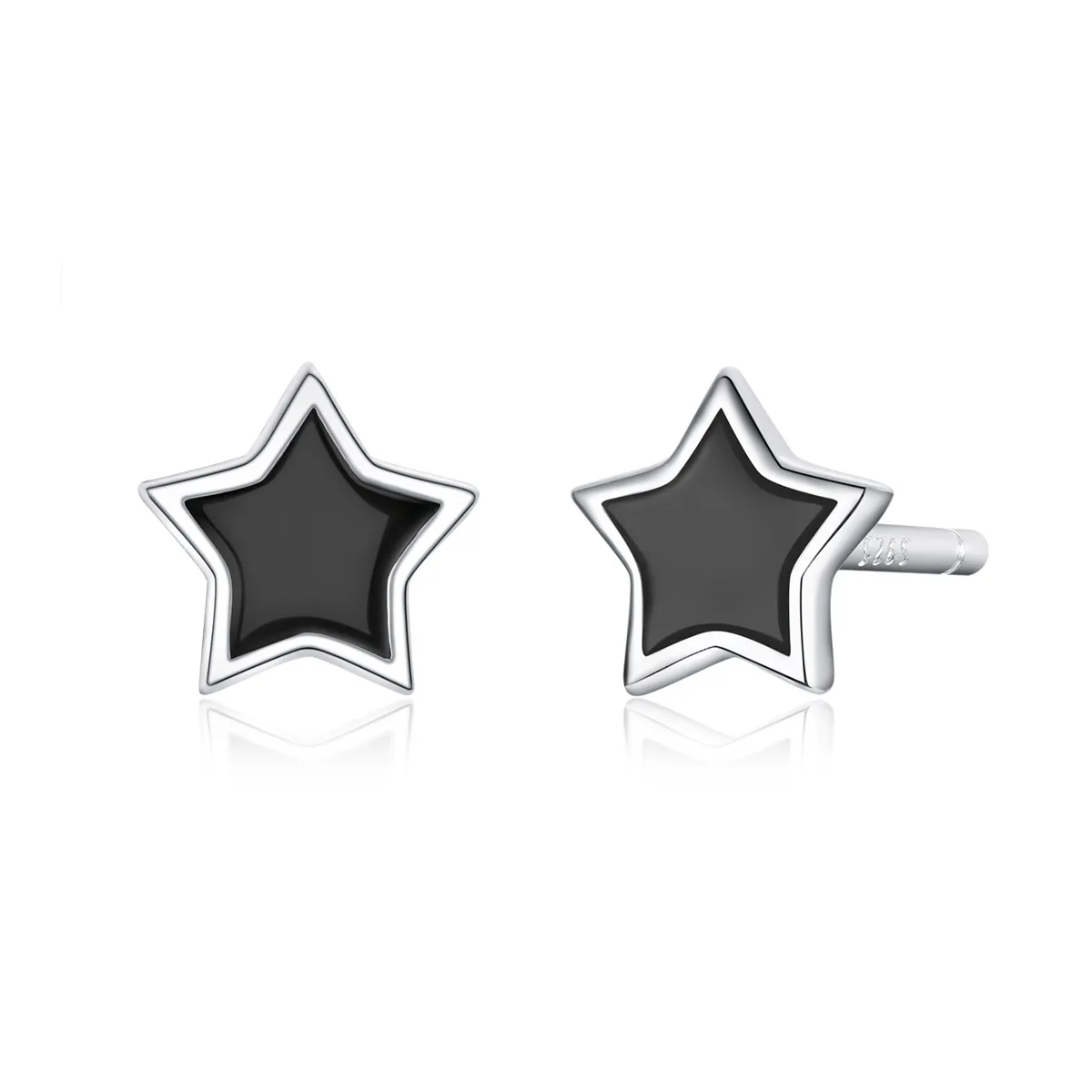 Pandora Style Silver Hoop Earrings, Stars, Black Enamel - BSE275