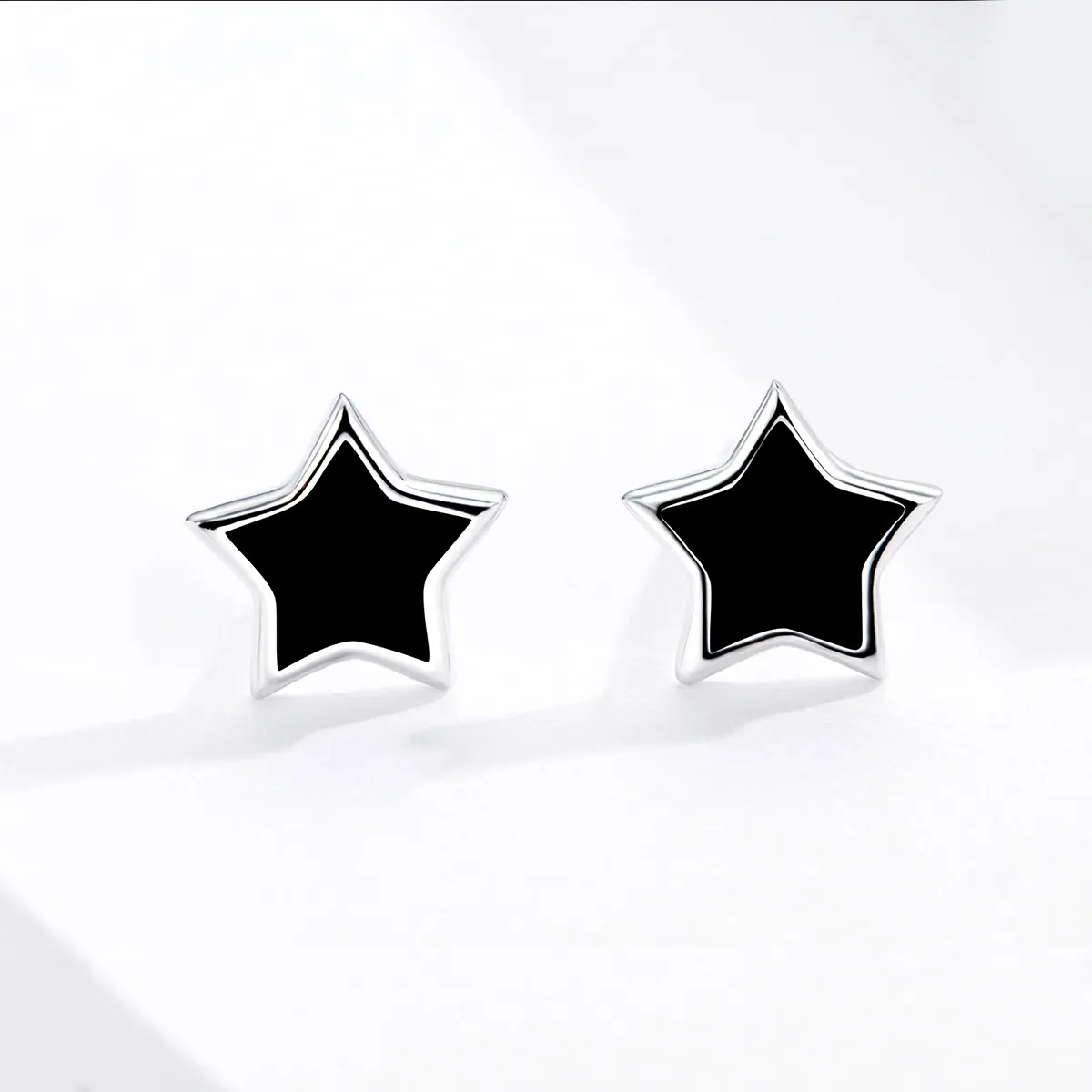 Pandora Style Silver Hoop Earrings, Stars, Black Enamel - BSE275