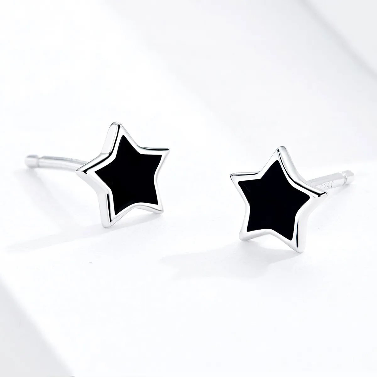 Pandora Style Silver Hoop Earrings, Stars, Black Enamel - BSE275