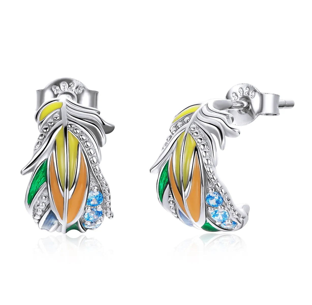 Pandora Style Silver Hoop Earrings, Style Feathers, Multicolor Enamel - SCE1128