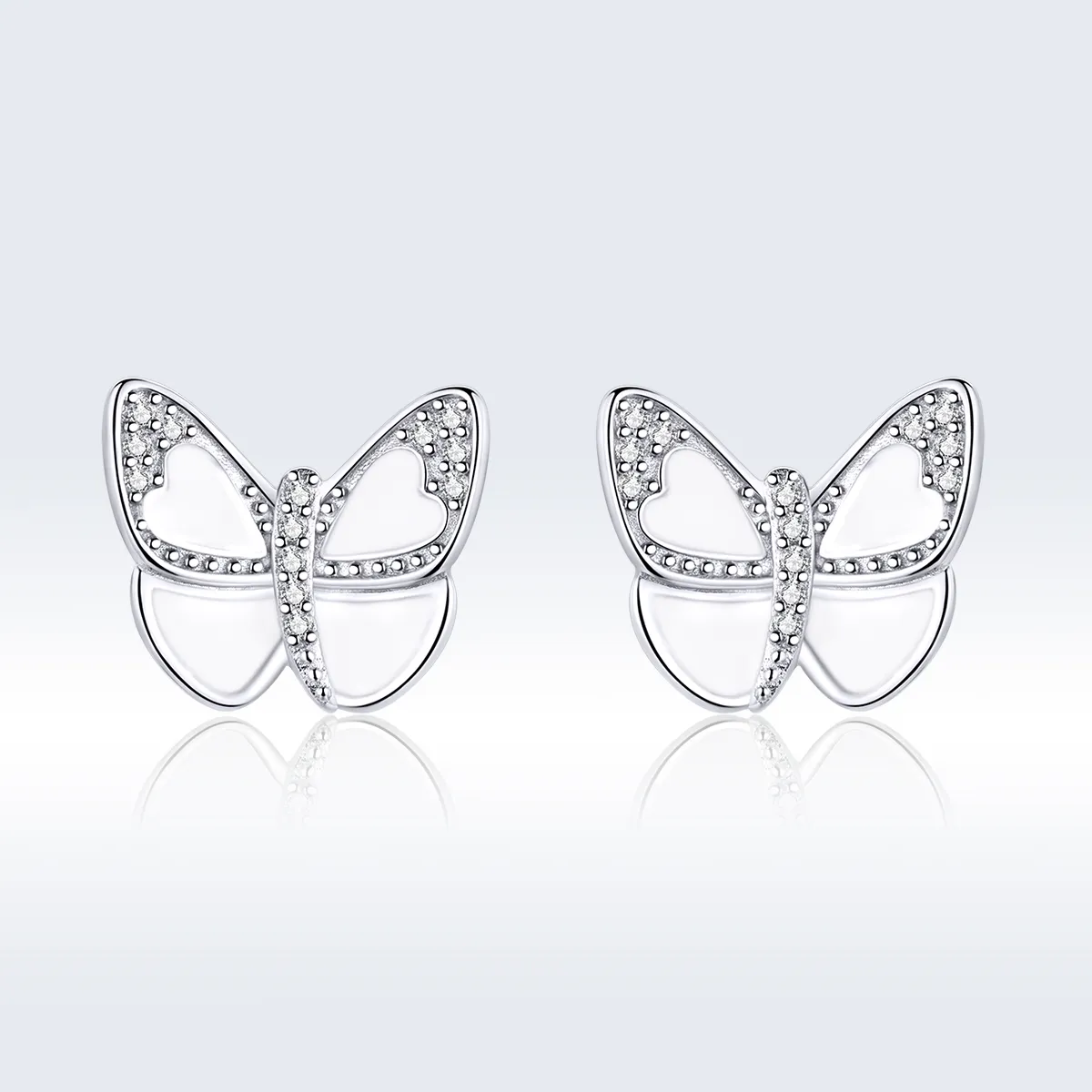 Pandora Style Silver Hoop Earrings, White Butterfly, Enamel - SCE876