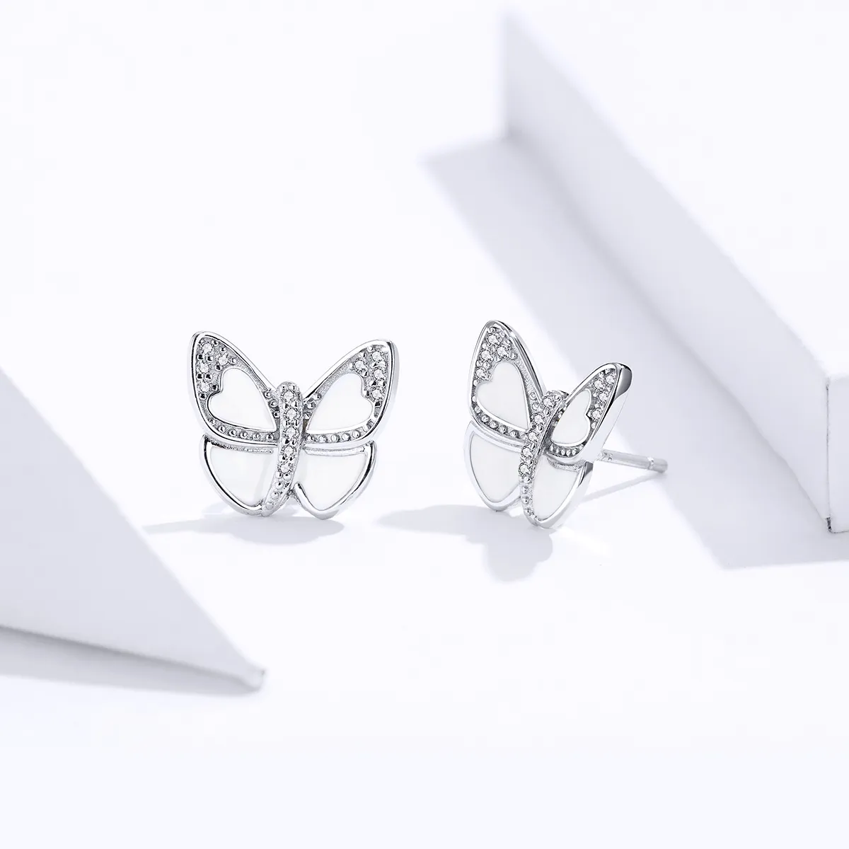 Pandora Style Silver Hoop Earrings, White Butterfly, Enamel - SCE876