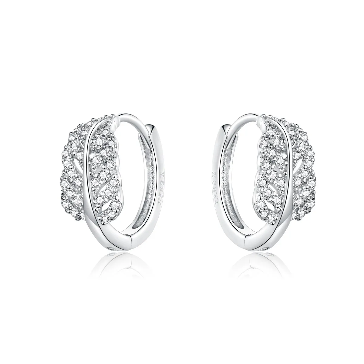 Pandora Style Silver Hoop Earrings, White Feathers - SCE772