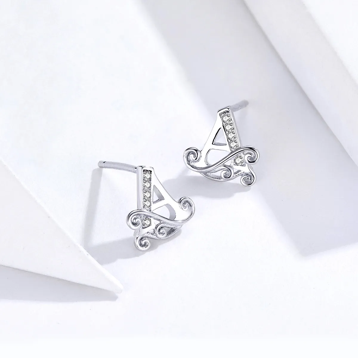 Pandora Style Silver Stud Earrings, Anti-Allergy Letter A - SCE714