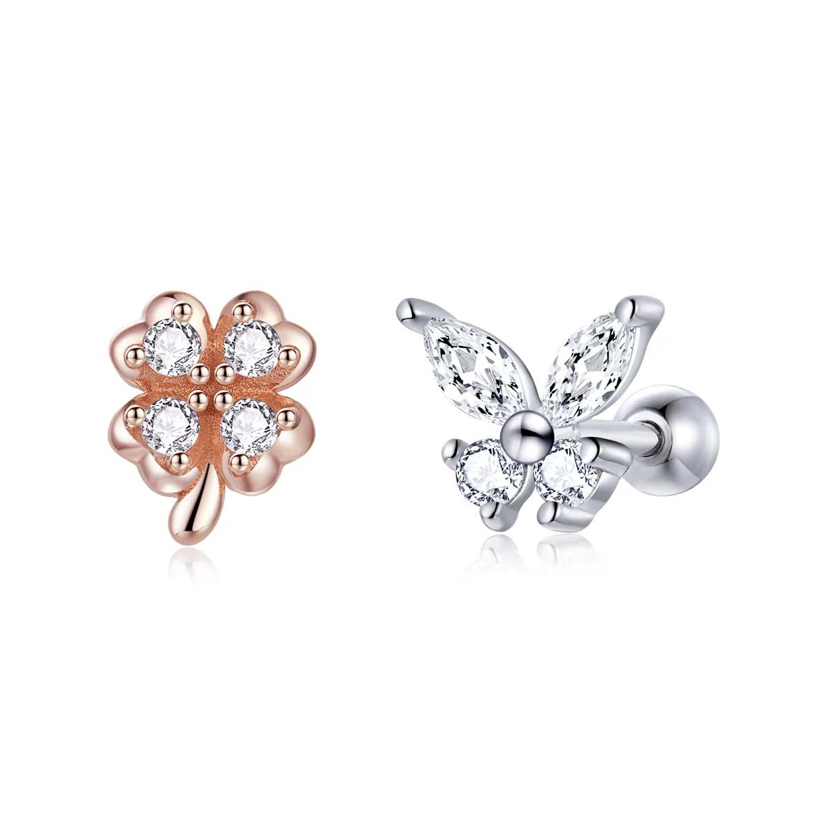 Pandora Style Silver Stud Earrings, Bicolor Lucky Grass and Butterflies - SCE1008