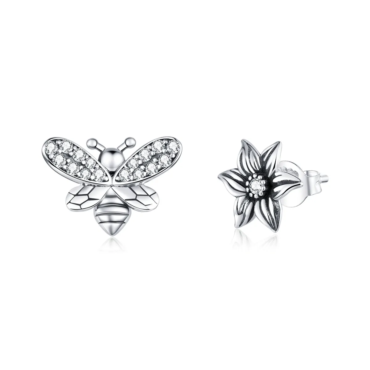 Pandora Style Silver Stud Earrings, Butterfly and Flower - SCE884