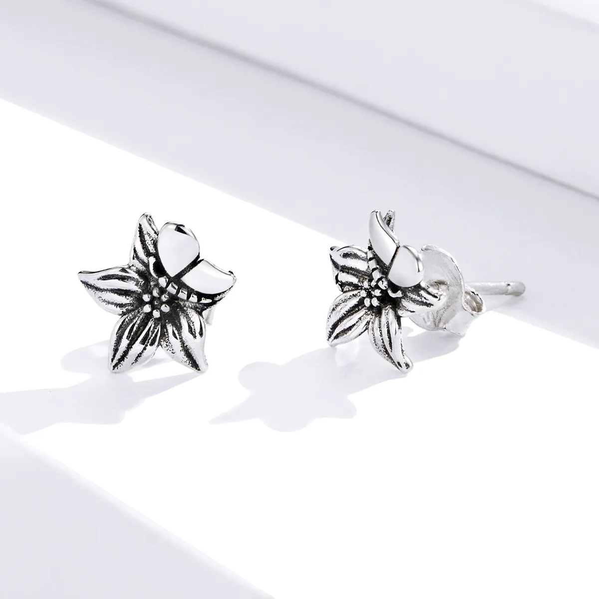 Pandora Style Silver Stud Earrings, Butterfly Love Flowers - SCE887