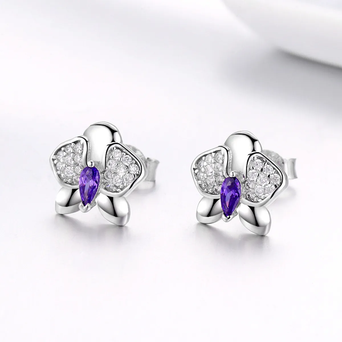 Pandora Style Silver Stud Earrings, Butterfly Orchid - BSE036