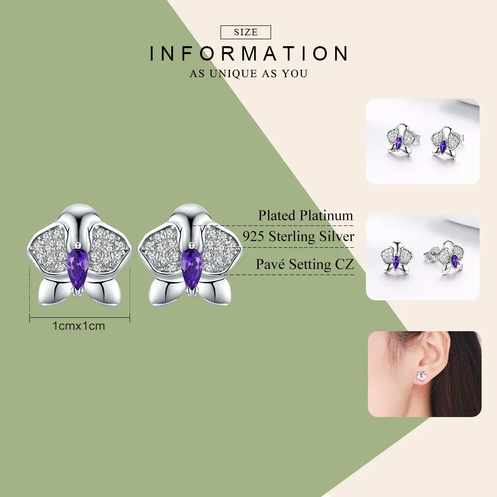 Pandora Style Silver Stud Earrings, Butterfly Orchid - BSE036