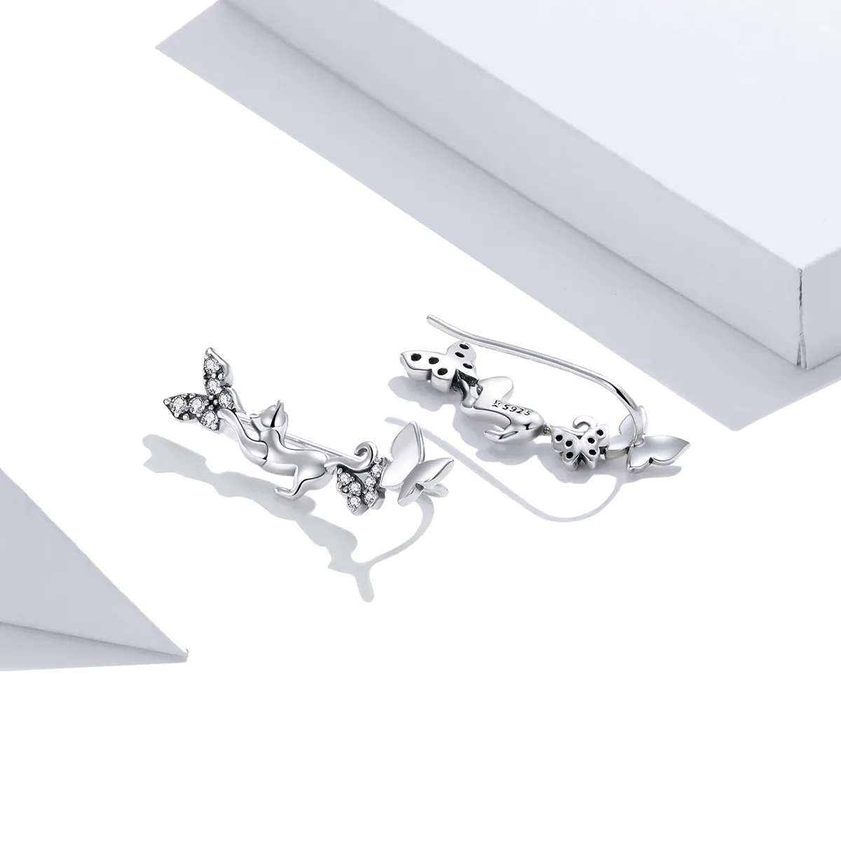 Pandora Style Silver Stud Earrings, Cat & Butterflies - SCE961