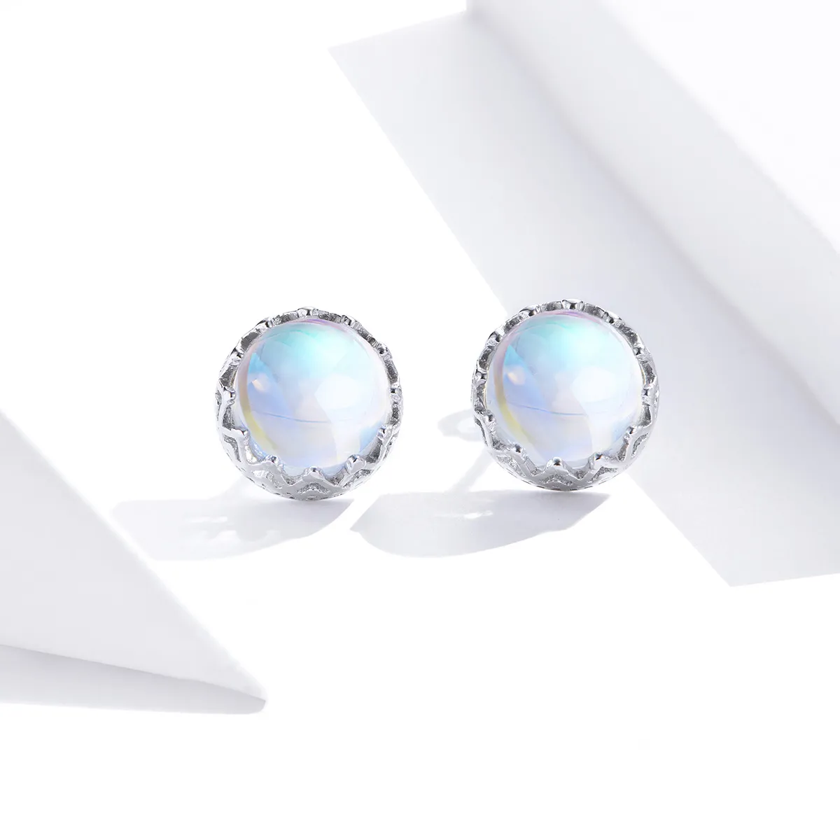 Pandora Style Silver Stud Earrings, Crown Moonstone - SCE877