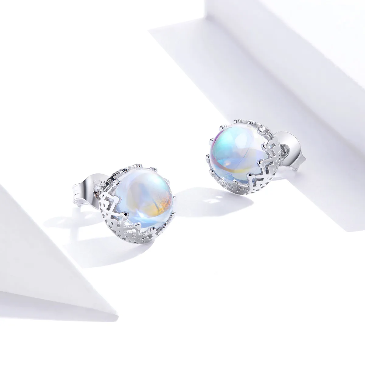 Pandora Style Silver Stud Earrings, Crown Moonstone - SCE877