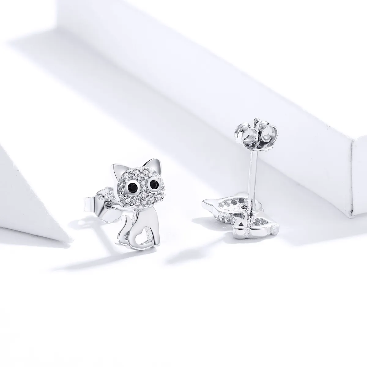 Pandora Style Silver Stud Earrings, Cute Cat - SCE797