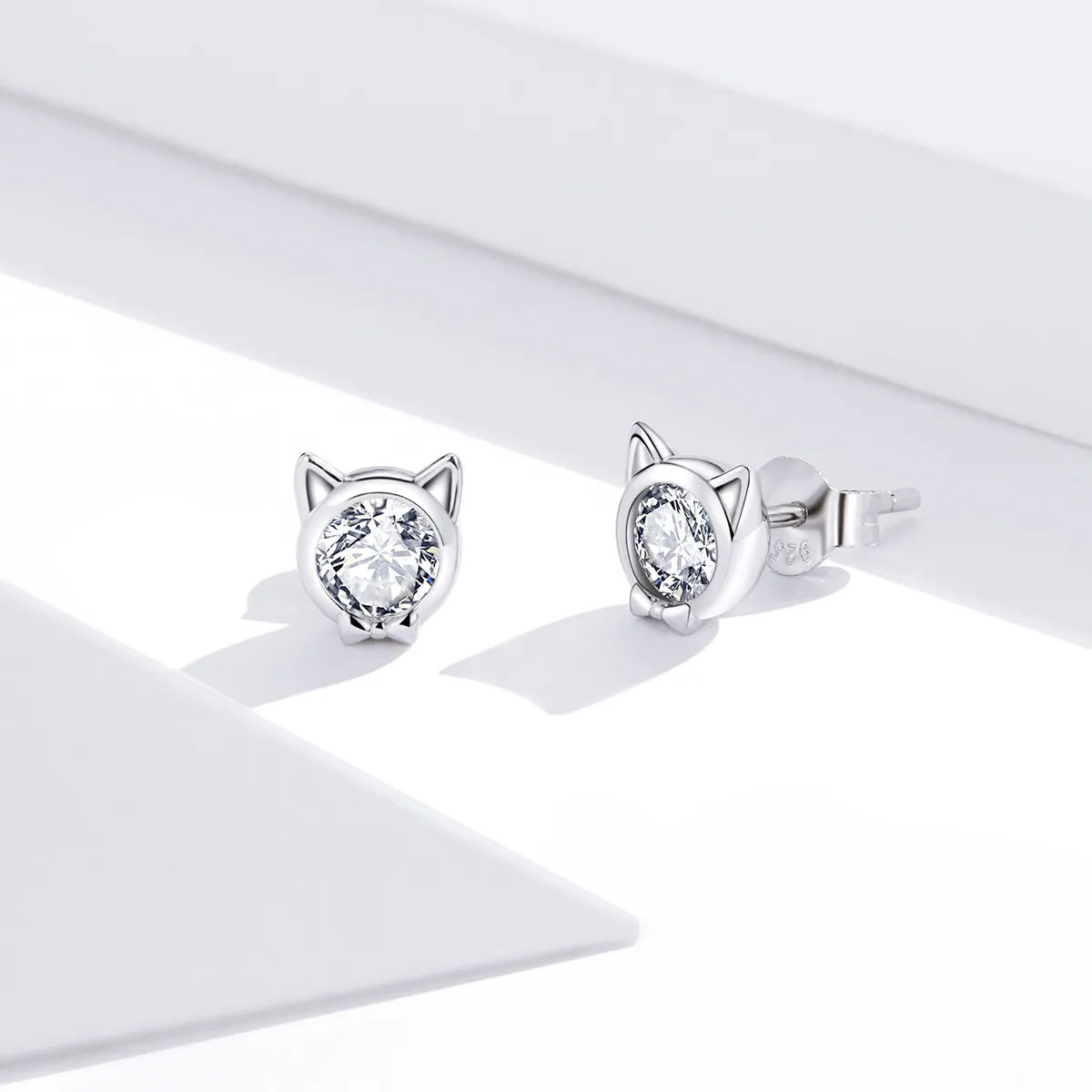 Pandora Style Silver Stud Earrings, Cute Cat - SCE899