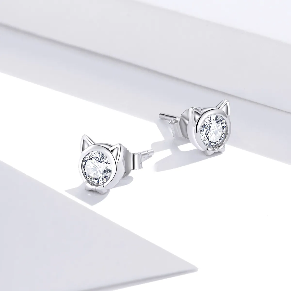 Pandora Style Silver Stud Earrings, Cute Cat - SCE899