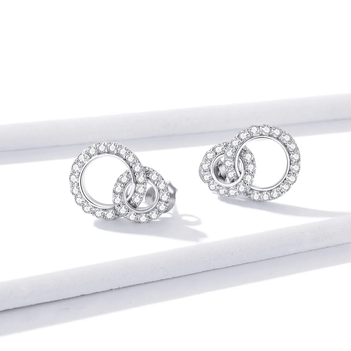 Pandora Style Silver Stud Earrings, Dazzling Double Rings - BSE388