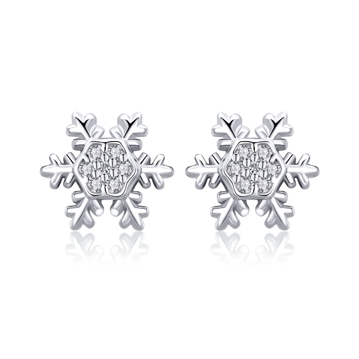 Pandora Style Silver Stud Earrings, Elegant Snowflakes - BSE009